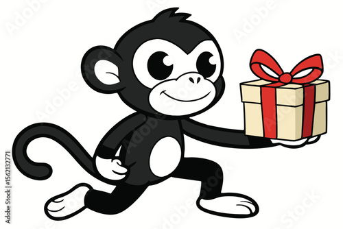 Cute black monkey is delivering a tan gift box tied with a red ribbon