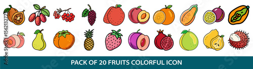 A selection of twenty stylized cartoon fruit icons in various colors
