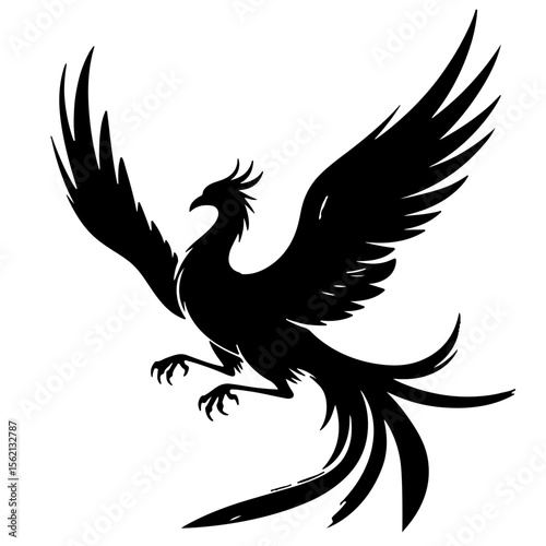 Black Silhouette of a Majestic Phoenix Bird, Vector Illustration