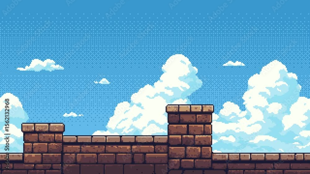 Pixel art game level background animation with moving clouds and stone wall platforms