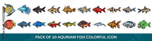 Collection of Colorful Aquarium Fish Icons Representing a Variety of Aquatic Species