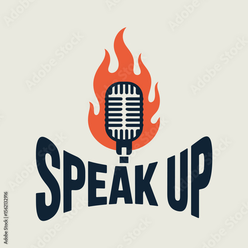 Speak Up Logo with Flaming Microphone graphic design featuring vintage microphone engulfed flames the words Speak Up bold stylized font speak microphone logo graphic design