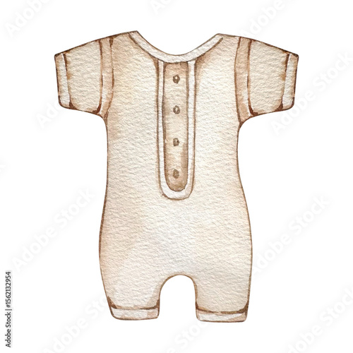 Watercolor image of baby bodysuit hand painted newborn essentials in beige pastel colors for baby shower