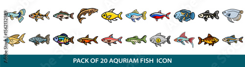 A collection of twenty colorful cartoon style fish icon illustrations