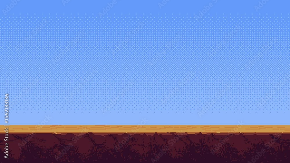 Pixel art desert ground moving animation for game level background with scrolling land and blue sky footage.