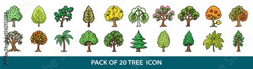 Cartoon tree icon set featuring deciduous, coniferous and fruit trees in illustration