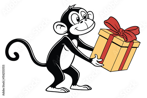 Cartoon monkey happily holds a wrapped gift with a large red bow gracefully
