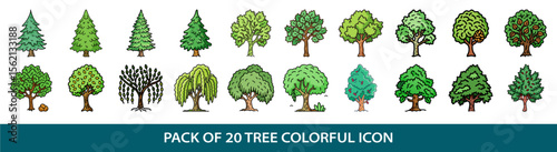 Collection of twenty unique and stylized colorful cartoon trees in various forms
