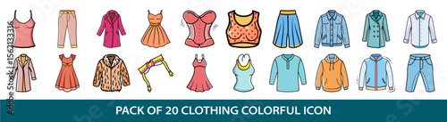 Fashionable apparel icon set featuring a variety of colorful and stylish clothing