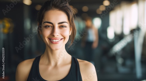 Smiling woman with brown hair in a gym, wearing a black sleeveless athletic top, showcasing toned shoulders, warm eyes, and friendly expression, Free Download Smiling woman with brown hair in a gym, wearing a black sleeveless athletic top, showcasing toned shoulders, warm eyes, and friendly expression, - GFXLoad