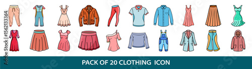 Collection of twenty different colorful clothing and fashion wear icons set