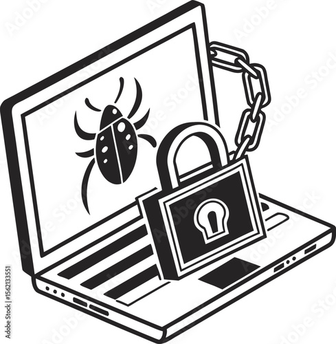 Digital illustration of a laptop with a padlock symbol overlayed symbolizing cybersecurity and data protection against hacking attempts