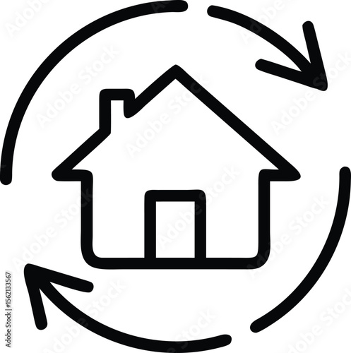 Simple house outline icon with circular arrows for property exchange, real estate