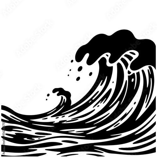 Black and white vector illustration of a powerful ocean wave