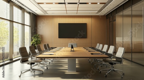 Modern corporate conference room with u-shaped meeting table, wall-mounted tv screen, ergonomic office chairs, and minimalistic professional interior in contemporary business office




