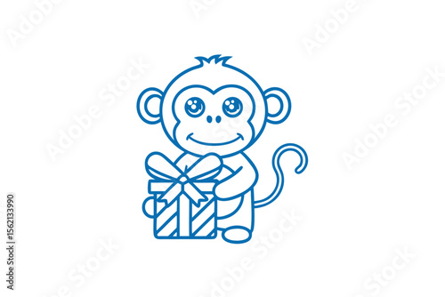Cute monkey holds a small gift box outline drawing shows happy expression