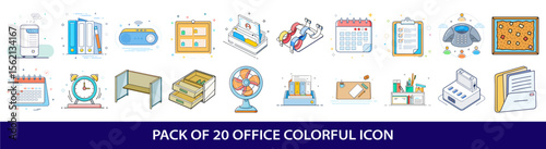 Collection of twenty colorful office icons representing typical office objects and equipment