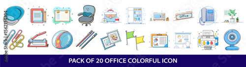A Collection of Colorful Office Icons Illustrating Common Workplace Objects