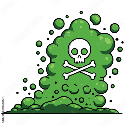 Playful green stench cloud with danger symbols cartoon vector artwork isolated on plain background
