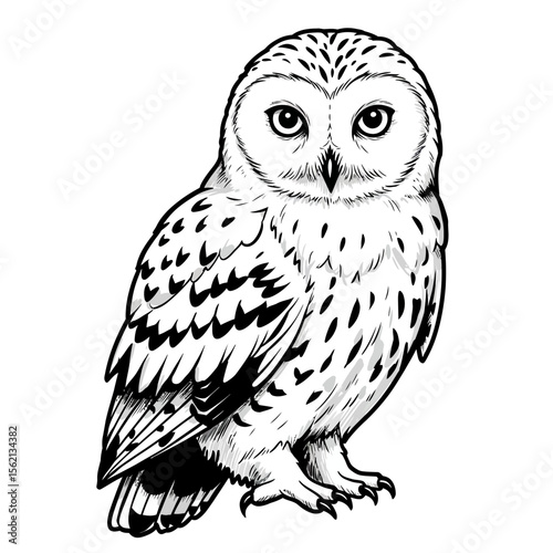 Detailed monochrome illustration of a snowy owl silhouette