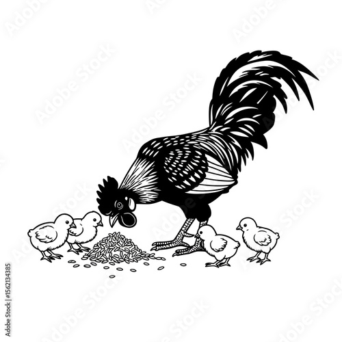 Rooster feeding chicks with grain in black and white silhouette
