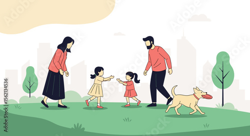 Family enjoys a sunny day playing with their dog in the park surrounded by city buildings and trees