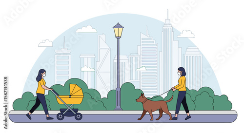People enjoying a park walk with a stroller and a dog in a city park with skyscrapers in the background