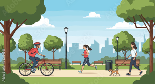 People enjoying outdoor activities in a city park on a sunny day with trees and a cityscape in the background