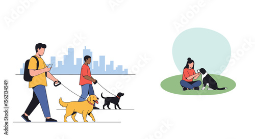 People walking dogs in urban park and relaxing with pets in green outdoor setting