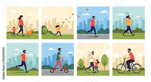 Healthy urban lifestyle activities for families and individuals in a city park setting