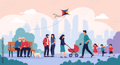 Diverse people enjoying a sunny day outdoors flying a kite and pushing a stroller in a park