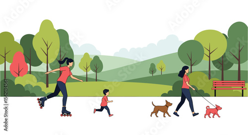 People enjoy various outdoor activities on a sunny day in a vibrant park setting