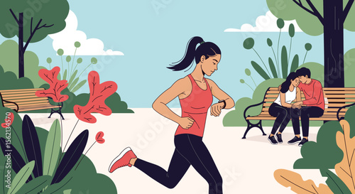 Athletic woman running in park checking smartwatch with couple relaxing on bench enjoying a beautiful day