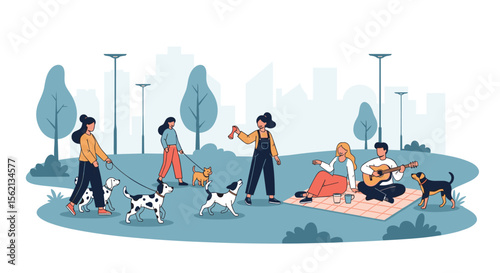 A lively afternoon in the city park with friends and their beloved canine companions enjoying the outdoors together