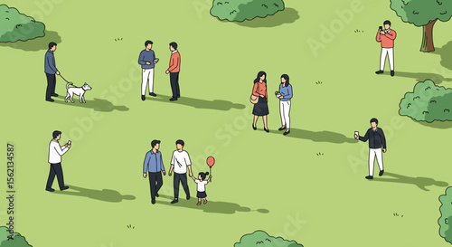 People enjoying a sunny day in a spacious park with trees and green grass