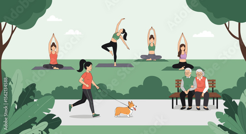 Active seniors enjoy a peaceful afternoon in the park with yoga dancers and a dog walker