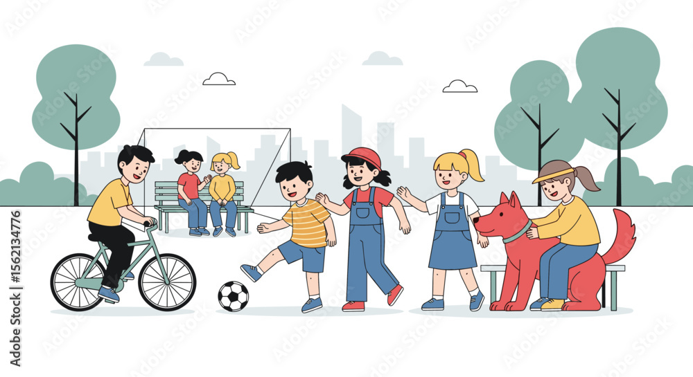 Fototapeta premium Diverse group of children and adults enjoying various outdoor activities in a sunny park on a beautiful day with trees and city buildings in the background engaging in healthy recreation