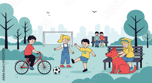 Children enjoying various outdoor activities in a vibrant park setting with a city skyline in the background