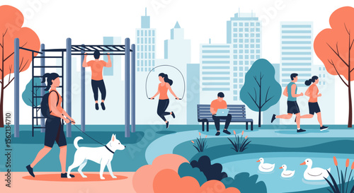 Urban park activity scene featuring people exercising outdoors with cityscape in background