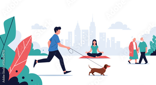 People enjoying various outdoor activities in a city park with a skyline backdrop promoting a healthy lifestyle and community engagement