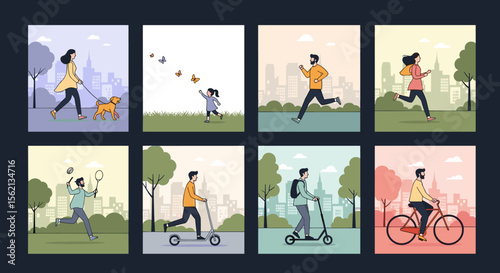 Urban outdoor activities people enjoying healthy lifestyles in city parks and green spaces throughout the day