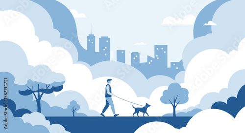 A man enjoys a peaceful stroll with his dog through a serene city park on a beautiful day