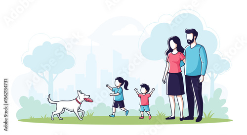 A happy family enjoys a sunny afternoon playing with their energetic dog in a lush green park with a city skyline in the background