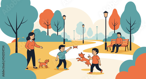 Happy family enjoying a sunny day playing with their dogs in a beautiful park