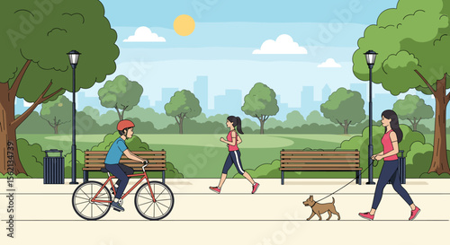 Vibrant city park scene showcasing diverse outdoor activities and healthy lifestyles on a sunny day