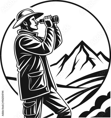 Silhouette of a hunter with binoculars scanning a mountainous landscape evoking adventure and outdoor exploration