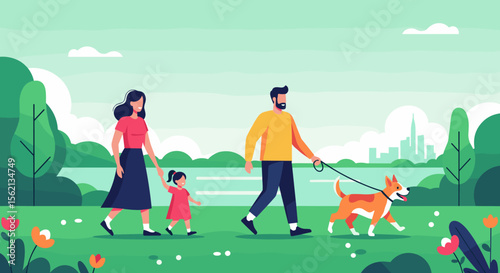 A joyful family with their beloved dog enjoys a beautiful sunny day in a lush green park surrounded by nature