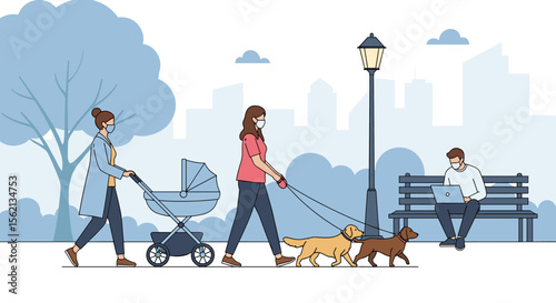 People enjoying a park walk with dogs and a baby stroller while maintaining social distancing