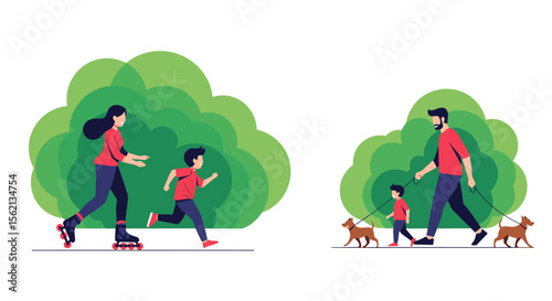 Father and son enjoying outdoor activities together on a sunny day with a mother on roller skates playing with her son and family walking dogs through a park