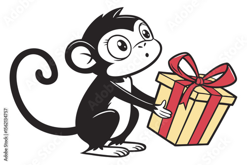 Cartoon monkey looks surprised while holding a wrapped gift with a ribbon